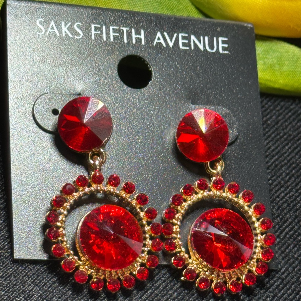 Bold Red Crystal Gold Statement Earrings Saks Fifth Avenue 1.5in